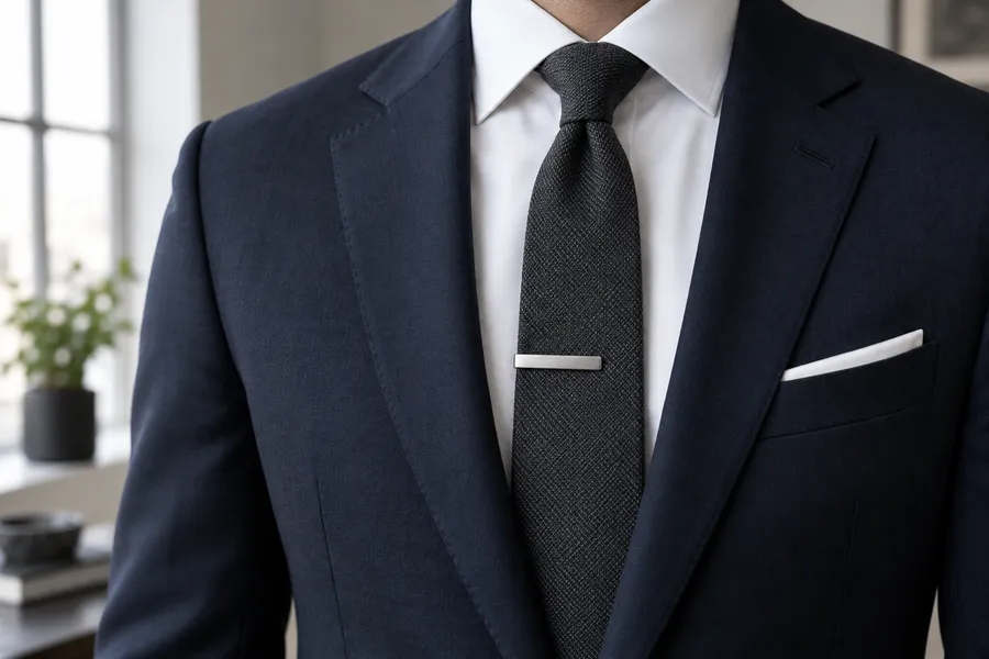 Silver tie clip on a charcoal tie with a tailored navy jacket